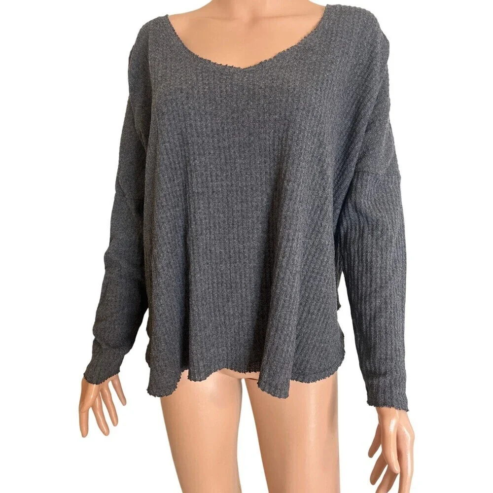 Out from Under Anthropologie waffle knit thermal top blouse SZ M Charcoal gray